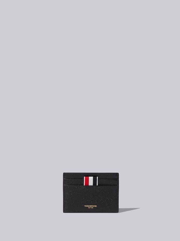 Black Pebble Grain Leather Grosgrain Tab Double Sided Card Holder
