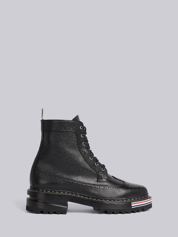 Black Pebble Grain Leather Rubber Hiking Sole Stripe Micro Insert Lace-Up Longwing Boot