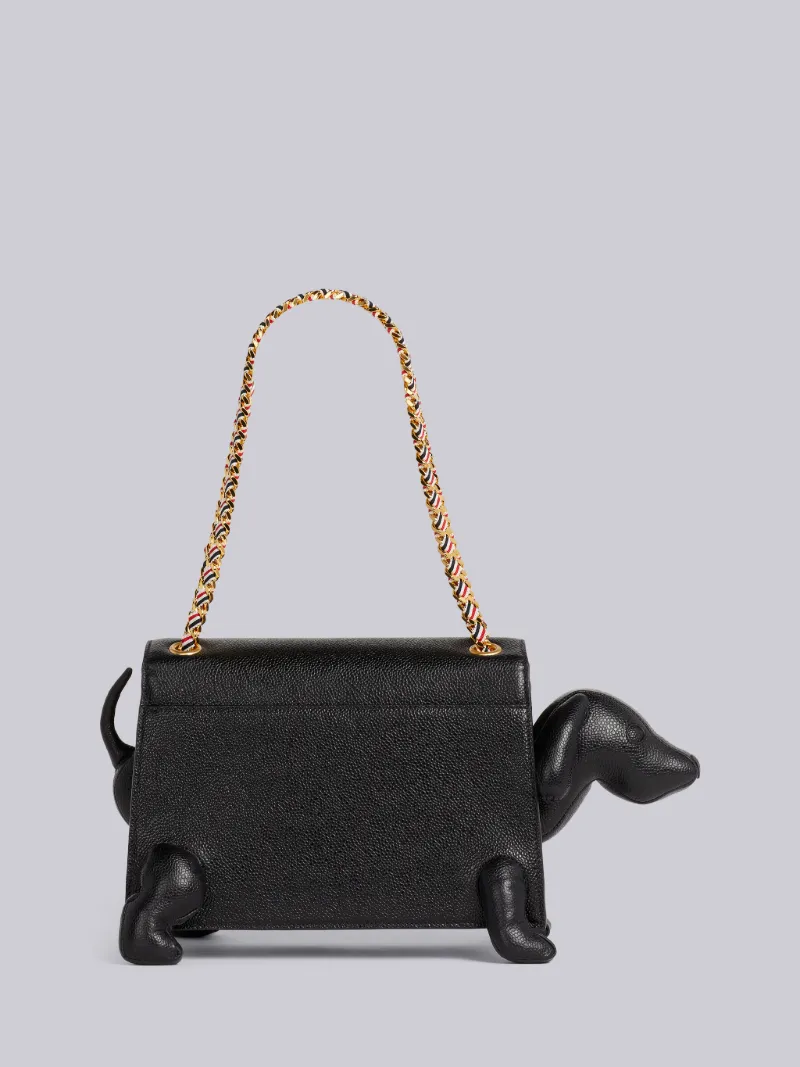 Black Pebble Grain Leather Stripe Grosgrain Chain Hector Flap Bag