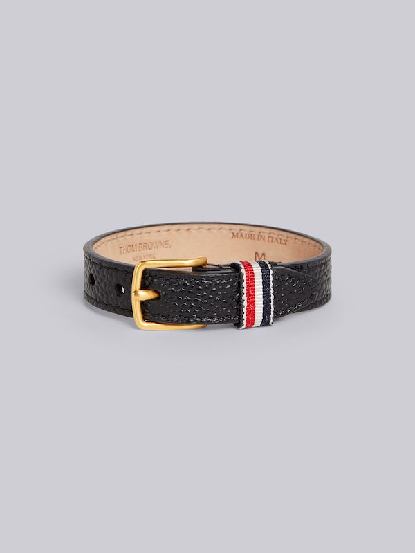 Black Pebble Grain Leather Stripe Keeper Bracelet