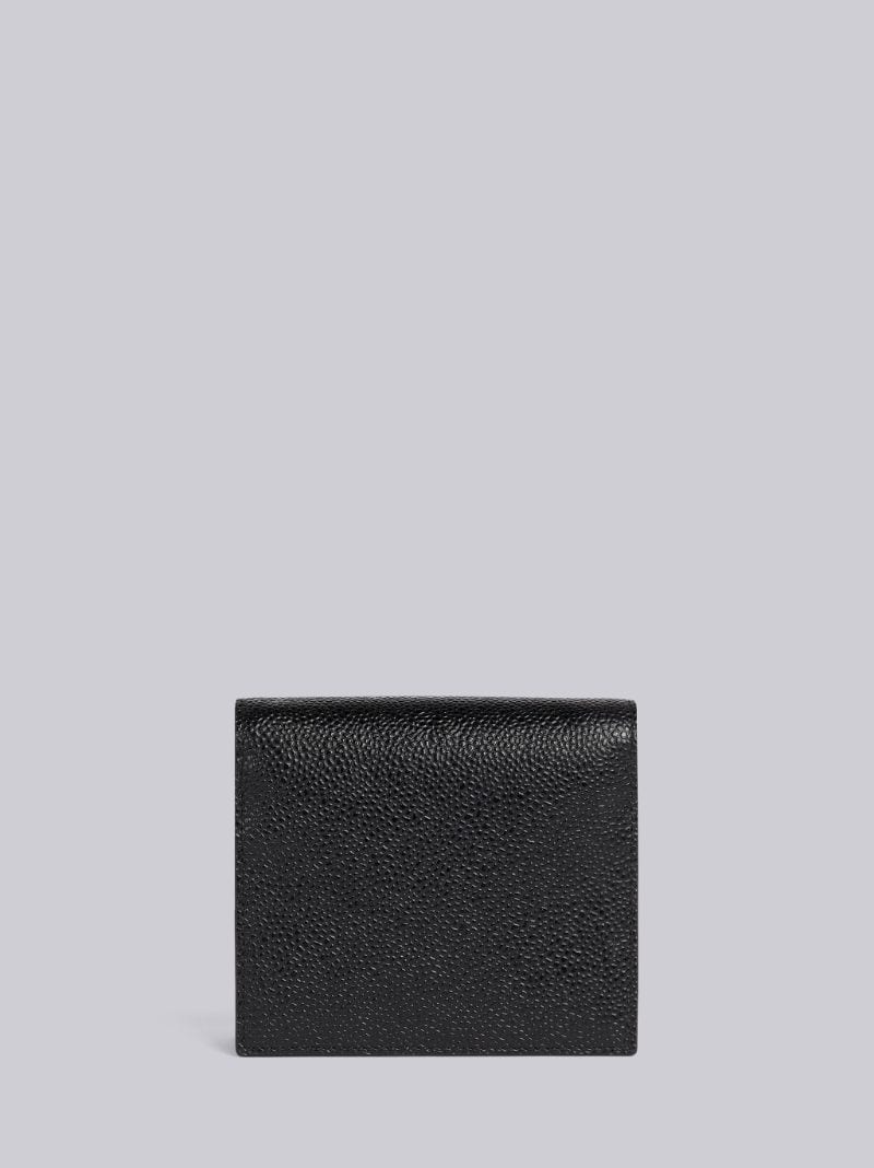Black Pebble Grain Leather Tonal 4-Bar Brass Label Bifold Cardholder With Shoulder Strap