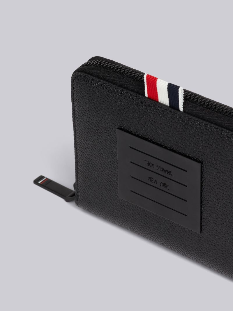 Black Pebble Grain Leather Tonal 4-Bar Brass Label Short Zip Wallet