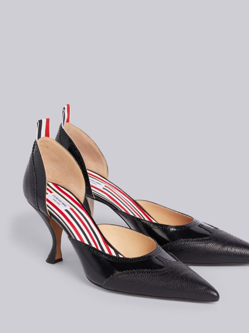 Black Pebbled Brogued Long Point Curved High Heel | Thom Browne