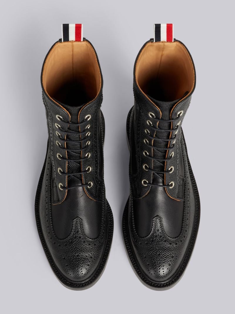 Black Pebbled Calfskin Mix Longwing Brogue Boot