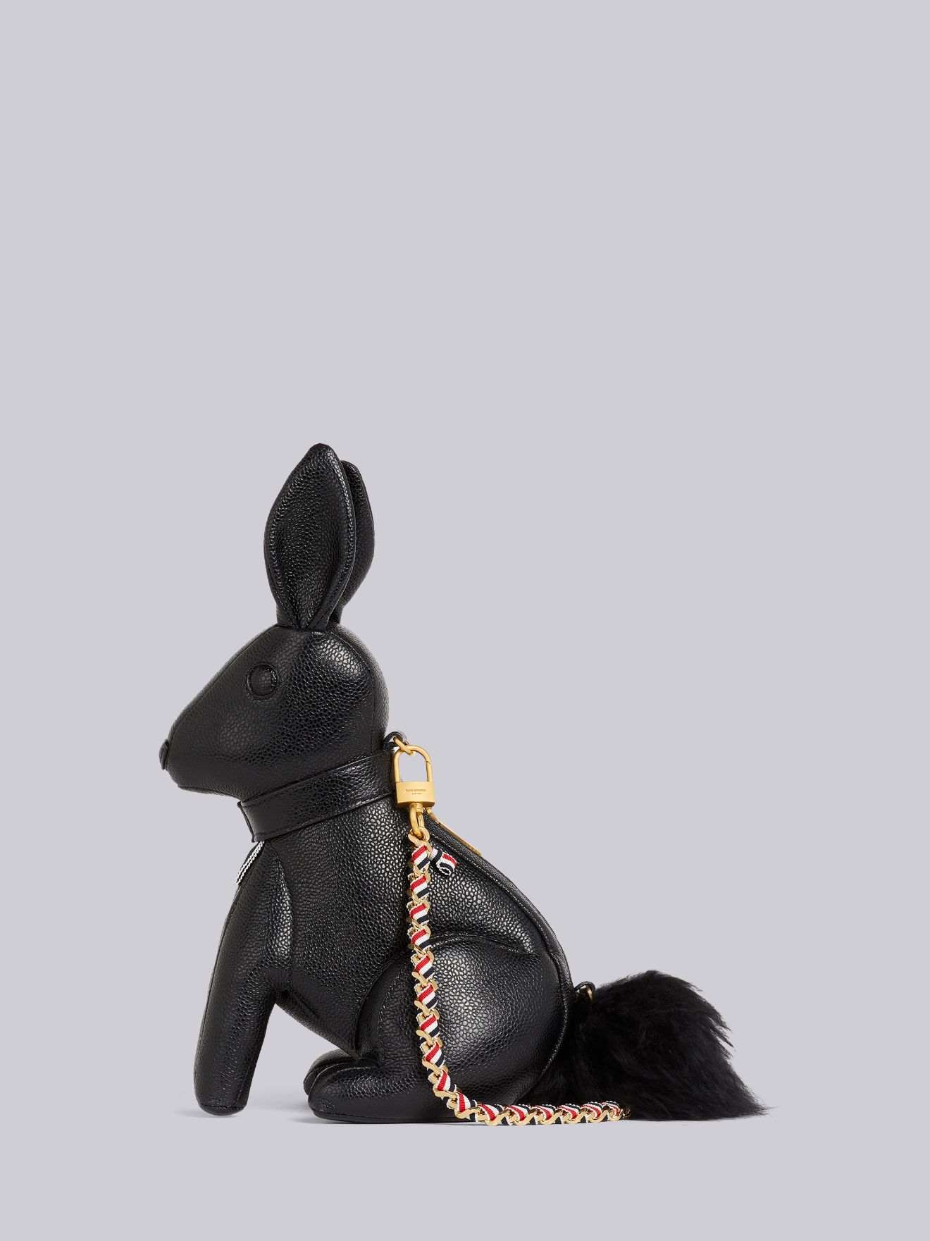 Black Pebbled Calfskin Small Grosgrain Woven Chain Rabbit Bag