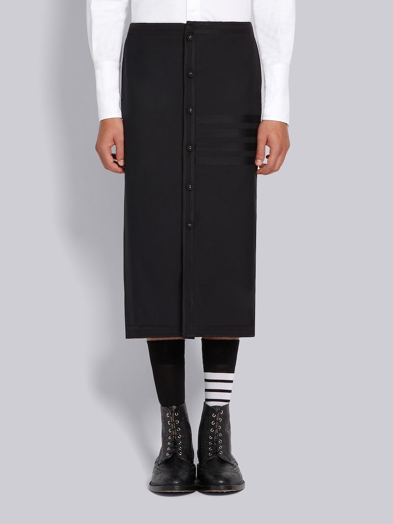 Black Plain Weave Suiting Cricket Seamed 4-Bar Low-rise Calf Length Skirt