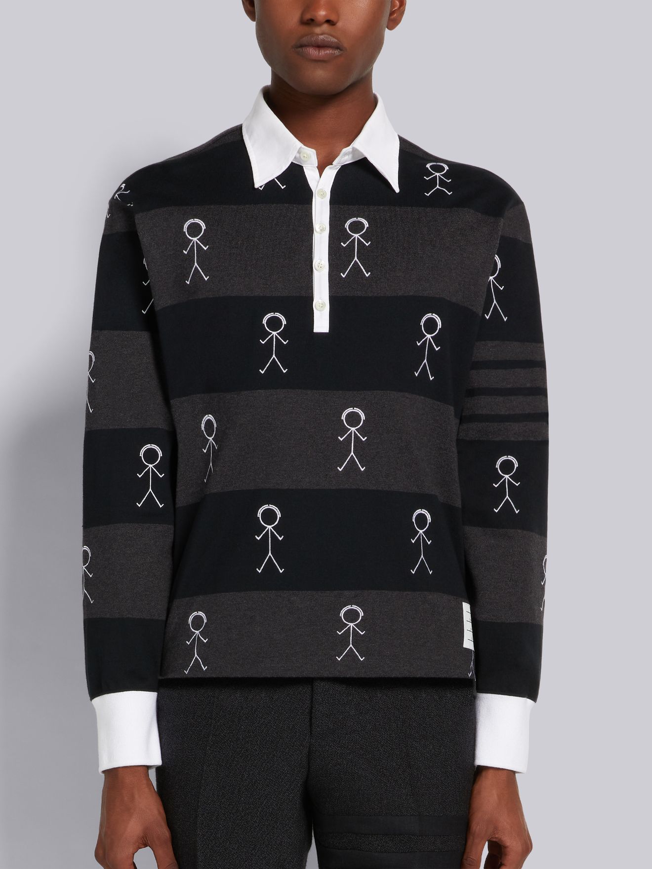 Black Rugby Stripe Cotton 4-Bar Mr. Thom Embroidered Oversized Long Sleeve  Polo