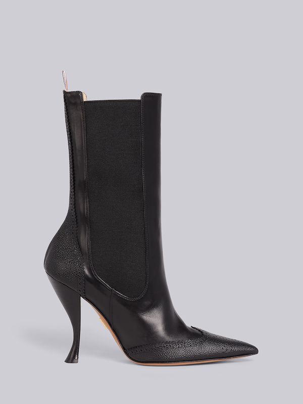 Black Soft Calfskin Brogued Wing Tip Chelsea Boot
