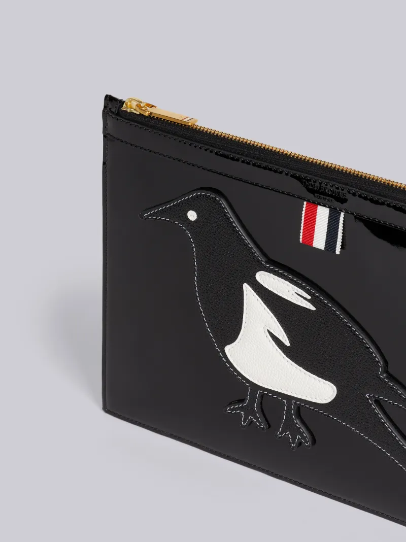 Black Soft Patent Leather Magpie Applique Small Document Holder