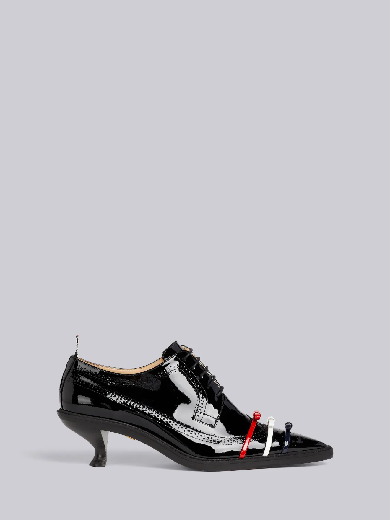 Black Soft Patent Leather Micro Sole 3-Bow 50mm Curved Heel Longwing Brogue