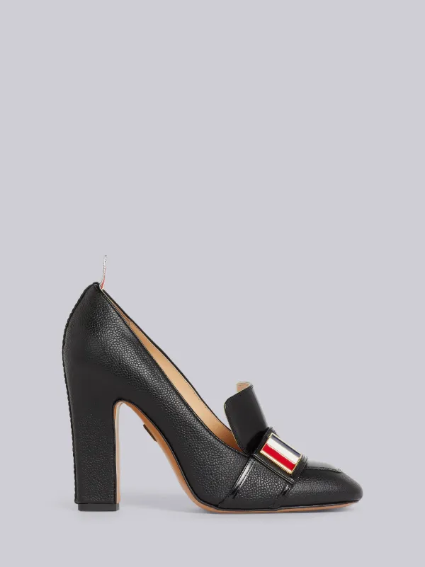 Black Soft Patent Leather Stripe Enamel Strap 105mm Block Heel Loafer