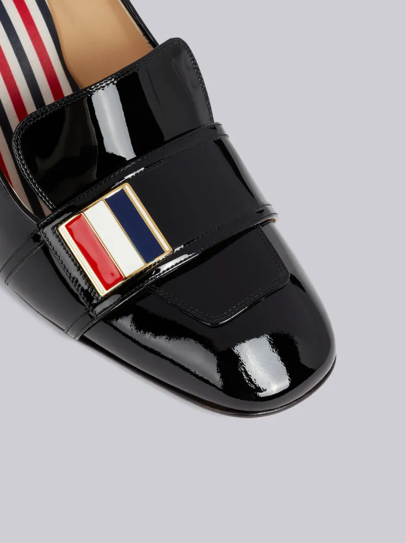 Black Soft Patent Leather Striped Enamel Strap Detail Block Heel Loafer