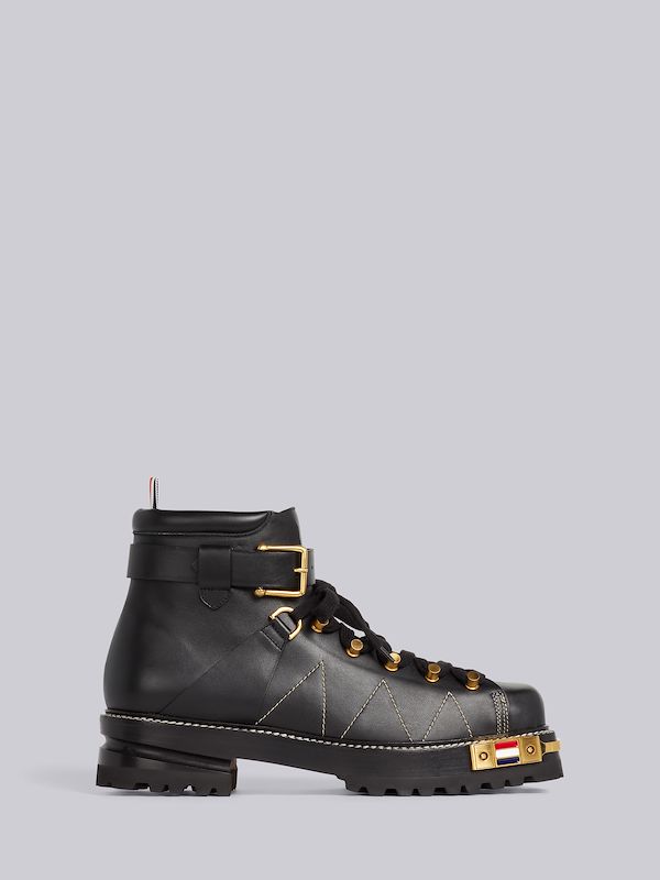 Black Vitello Calf Leather Brass Toe Stacked Sole Square Toe Hiking Boot