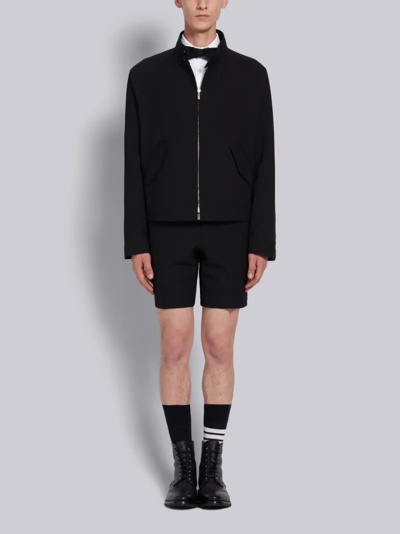 Black Wool Seersucker Band Collar Jacket 