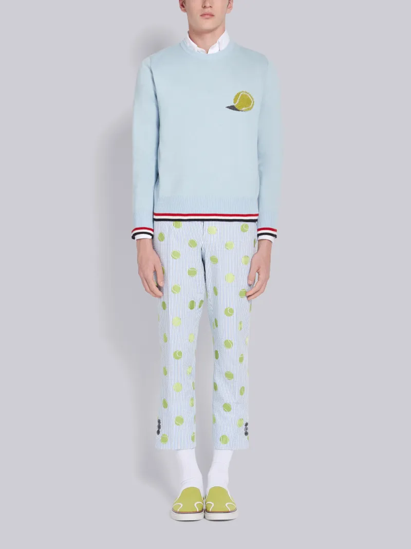 Blue Cotton Crepe Tennis Ball Jacquard Icon Crewneck Pullover