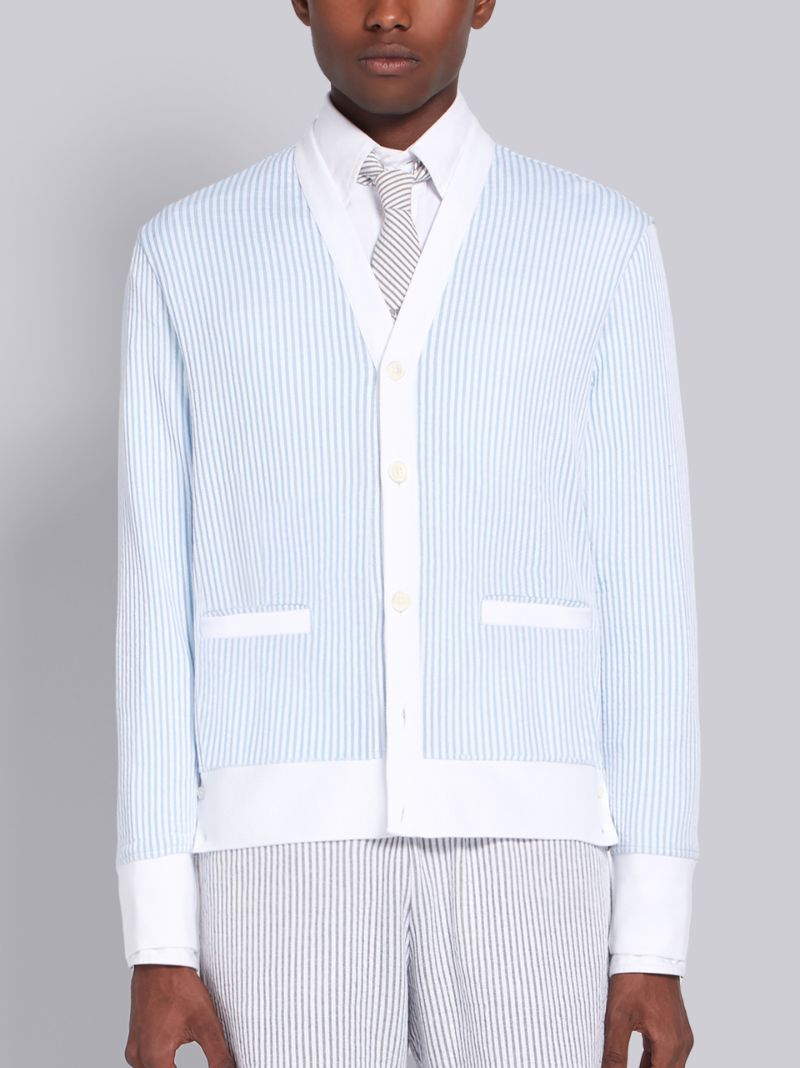 Blue Seersucker Stripe V-Neck Cardigan