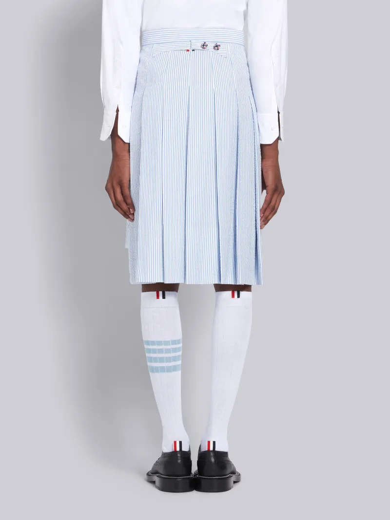 Blue Seersucker Striped Knee Length Pleated Skirt Thom Browne