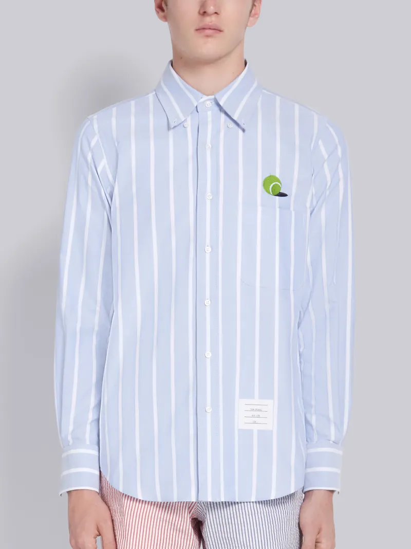 Blue Seersucker Tennis Ball Embroidered Long Sleeve Shirt