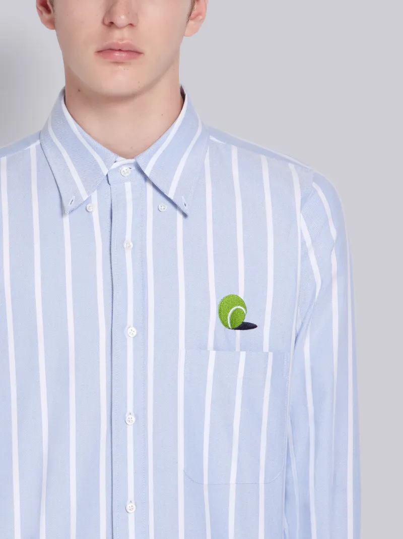 Blue Seersucker Tennis Ball Embroidered Long Sleeve Shirt