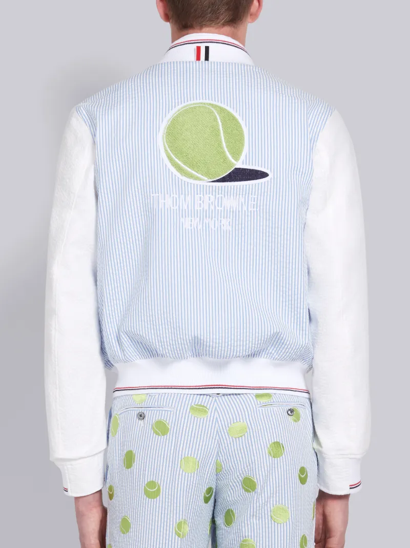 Blue Seersucker Tennis Icon Logo Embroidered Blouson Jacket