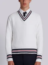 Boxy V-Neck Pullover With Cricket Stripe In Chunky Basket Stitch