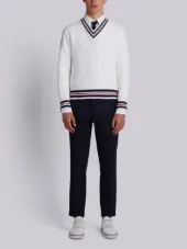 Boxy V-Neck Pullover With Cricket Stripe In Chunky Basket Stitch