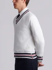 Boxy V-Neck Pullover With Cricket Stripe In Chunky Basket Stitch