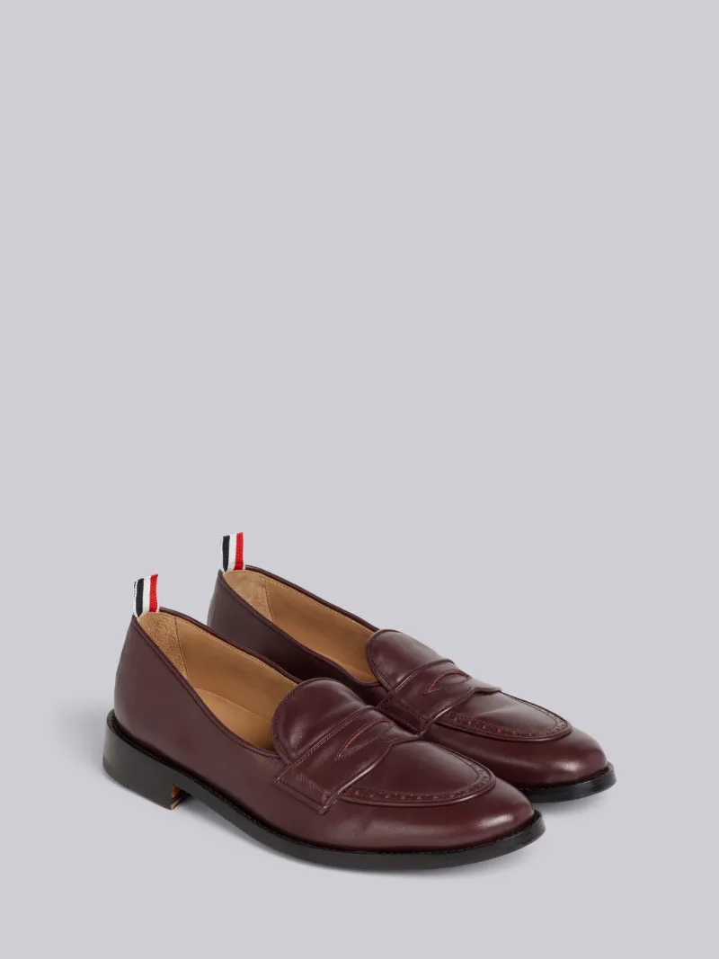 Burgundy Vitello Calf Leather Flexible Leather Sole Soft Penny Loafer