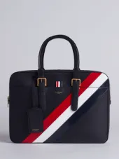 Business Bag With Red, White And Blue Diagonal Stripe In Pebble And Calf Leather