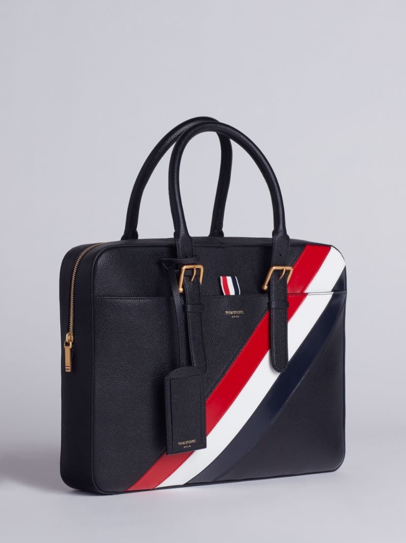 Business Bag With Red, White And Blue Diagonal Stripe In Pebble And Calf Leather
