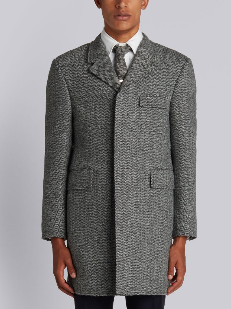 Button Back Classic Chesterfield Overcoat In Herringbone Harris Tweed
