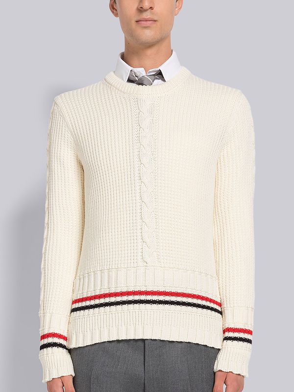 CABLE STITCH MERINO STRIPE CREW NECK PULLOVER