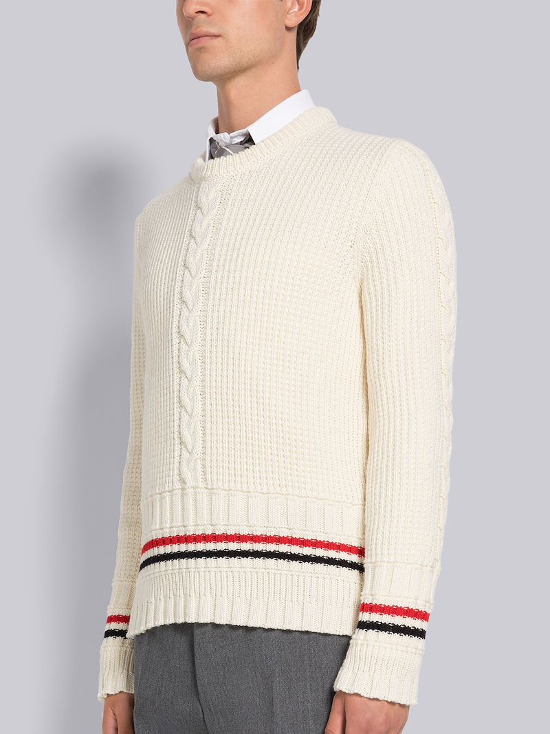 CABLE STITCH MERINO STRIPE CREW NECK PULLOVER