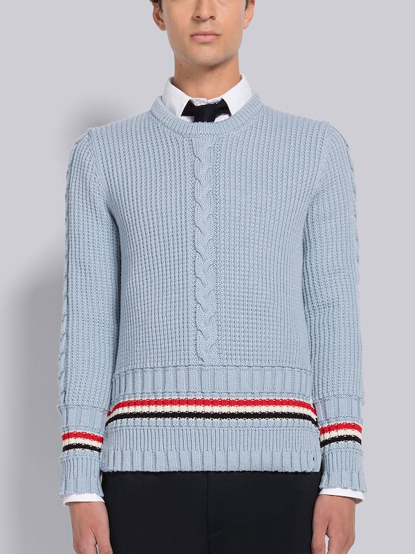 CABLE STITCH MERINO WOOL STRIPE CLASSIC CREW NECK PULLOVER