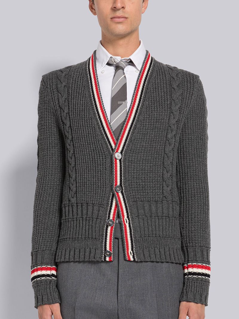 CABLE STITCH MERINO WOOL STRIPE CLASSIC V-NECK CARDIGAN