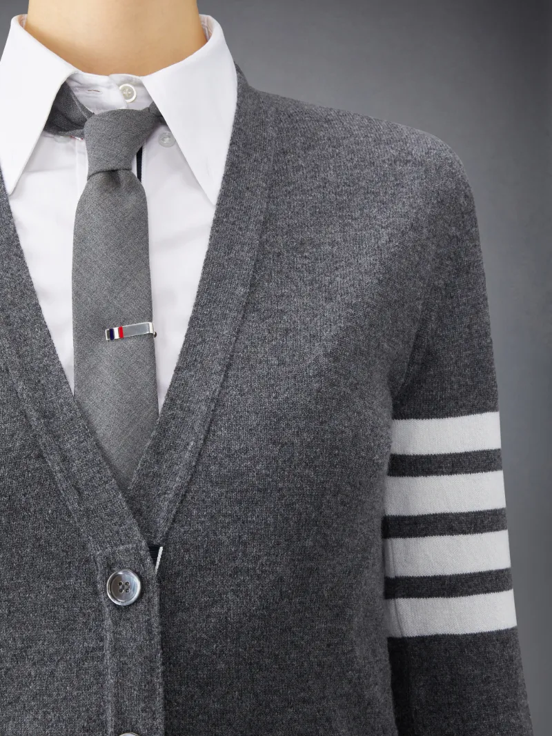 Thom Browne V-neck contrast-trim shearling cardigan jacket - Grey