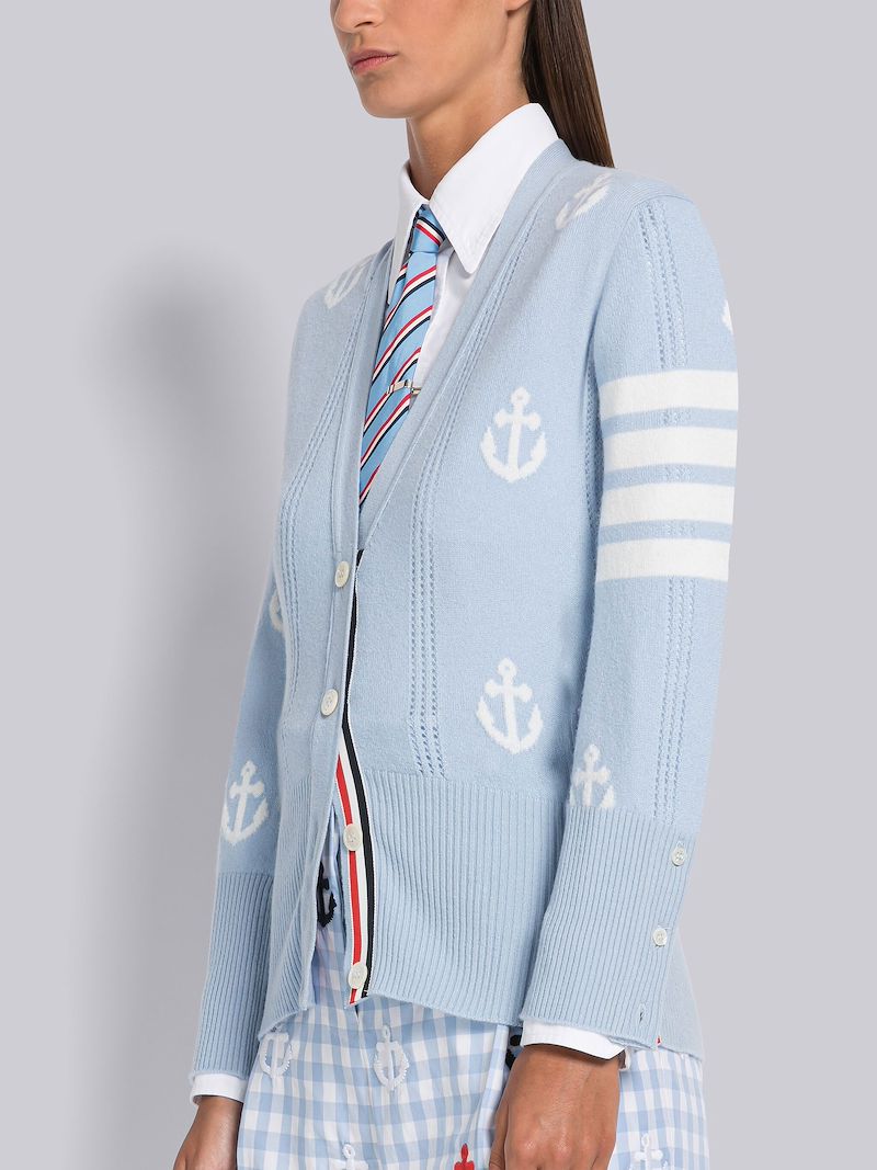 Cashmere Anchor Pointelle 4-Bar V-neck Cardigan