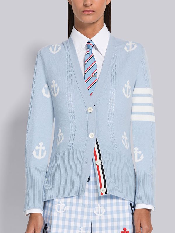Cashmere Anchor Pointelle 4-Bar V-neck Cardigan