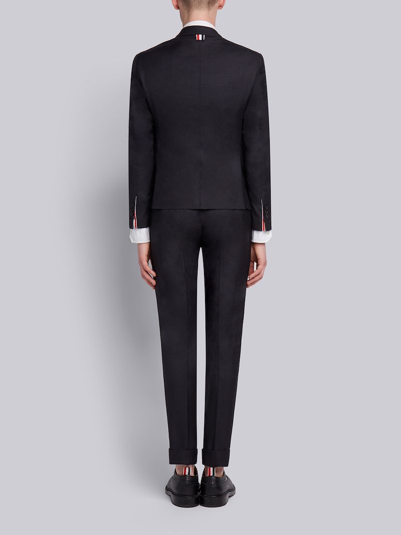 CHARCOAL GREY SUPER 120S TWILL HIGH ARMHOLE SUIT WITH TIE AND LOW RISE SKINNY TROUSER