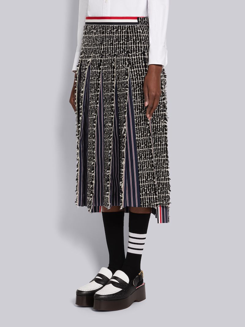 Check Cashmere Tweed Pleated Skirt With Inserts
