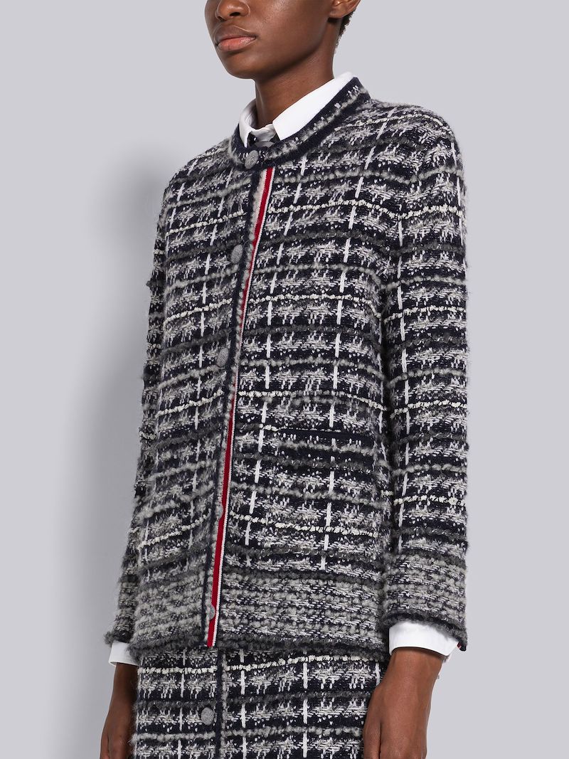 Check Tweed Crew Neck Cardigan Jacket