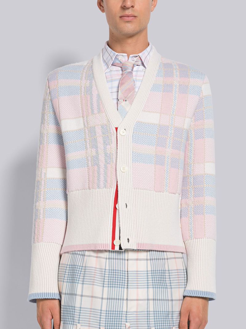 CHUNKY CASHMERE MADRAS CHECK V-NECK CARDIGAN