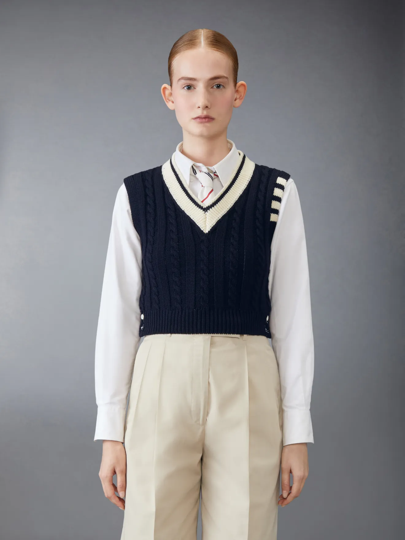 Classic Cable 4-Bar V Neck Vest | Thom Browne