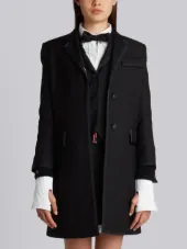 Classic Chesterfield Overcoat With Grosgrian Tipping In Black Crepe Suiting