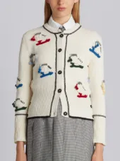 Classic Crewneck Cardigan With Crochet Ice Skate Applique In Fine Merino Wool