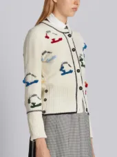 Classic Crewneck Cardigan With Crochet Ice Skate Applique In Fine Merino Wool