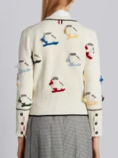 Classic Crewneck Cardigan With Crochet Ice Skate Applique In Fine Merino Wool