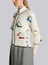 Classic Crewneck Cardigan With Crochet Ice Skate Applique In Fine Merino Wool