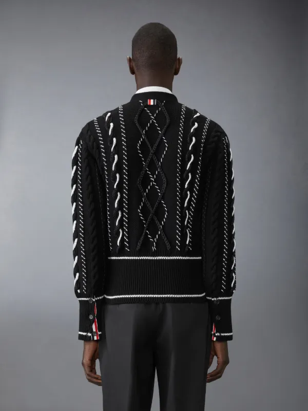 Classic Hand Crochet Cable V Neck Cardigan | Thom Browne