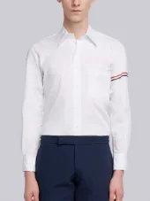 Classic L/s Shirt With Printed Red, White And Blue Hairline Stripe In Solid Poplin